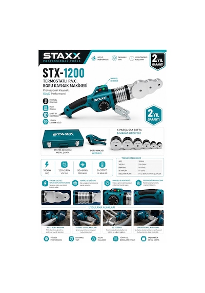 Staxx St1200pp Usta Serisi Pvc Boru Kaynak 1000w 20-63mm Tam Set Profesyonel Kaynak Makinesi Ayarlı