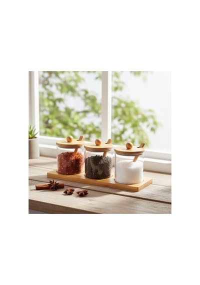 Bambu Standlı 3'lü Cam Baharatlık Seti 7009