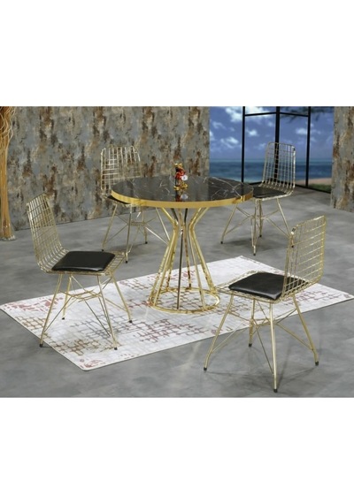 Avvio Ella 4 Kişilik Siyah Mermer Görünümlü Metal Mutfak Masası Takımı-gold Tel Sandalyeli 90x90 Cm Siyah Mermer