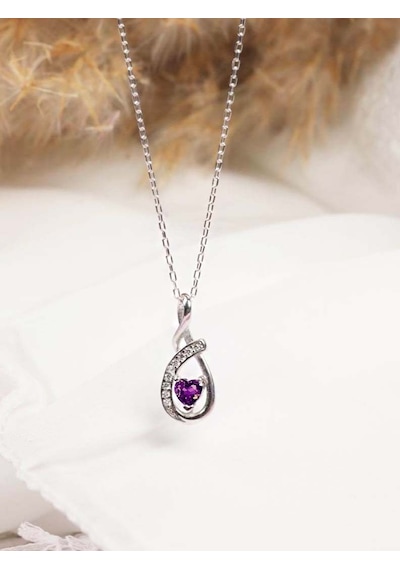 Brezza Lusso Jewelry Ametist Taşlı Minik Kalp Kadın Gümüş Kolye 45 CM