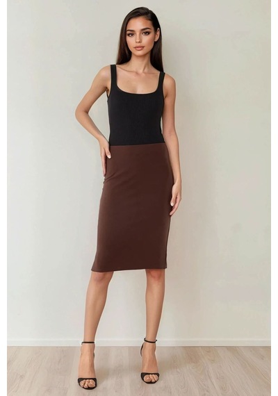 Hiccup Yüksek Bel Bodycon Midi Örme Etek Mocha Kahvesi