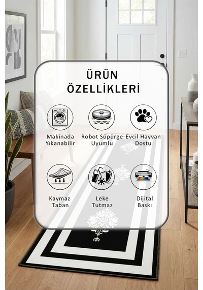 Black Punto Siyah Beyaz Yıkanabilir Yolluk Beyaz - Siyah