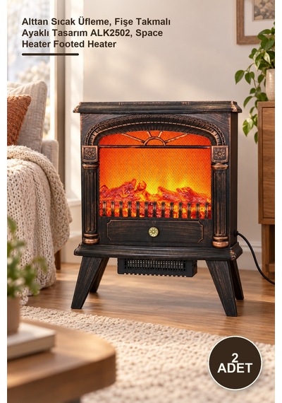2 Adet Isıtmalı Ayaklı Şömine Alttan Sıcak Üfleme, Fişe Takmalı Ayaklı Tasarım Alk2502, Space Heater Footed Heater