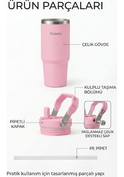 Ss119 900 Ml Çelik Termos Bardak Pipetli Kulplu Taşınabilir Su Matarası Pembe