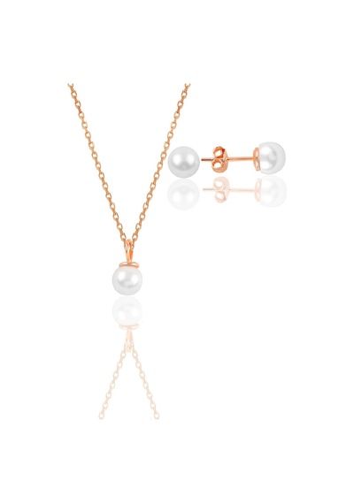 Gümüş Rose İncili Kolye Ve Küpe İkili Set