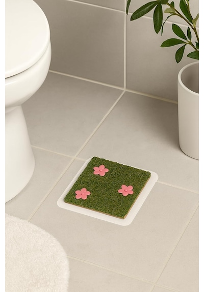 Yapay Çiçekli Çim Gider Süsü 2 Li Set Dekoratif Süzgeç Üstü Kapak Koku Önleyici Banyo Balkon Gider Kapağı Çiçek Detaylı Estetik Görünümlü Çim Kapak
