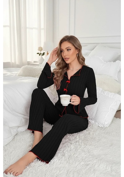 COjans Cj Kadın Siyah Kırmızı Biyeli Ve Fiyonklu Uzun Kollu Mevsimlik Pijama Takımı Çok Renkli COjans Cj Kadın Siyah Kırmızı Biyeli Ve Fiyonklu Uzun Kollu Mevsimlik Pijama Takımı Çok Renkli