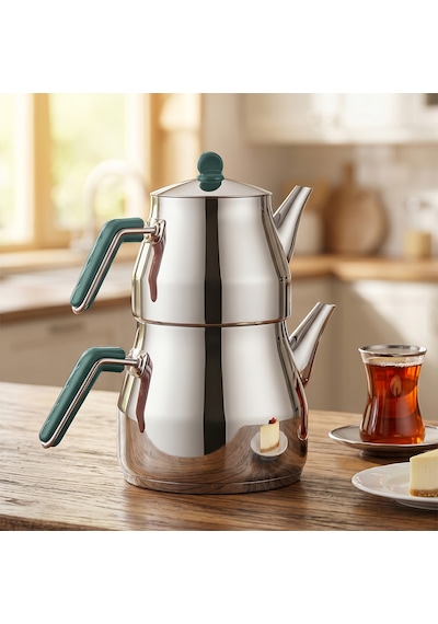 Porsima 1026-2 Prizma Bakalit Metal Kulp Mega Boy Paslanmaz Çelik Çaydanlık Takımı Yeşil - 2-3,40lt