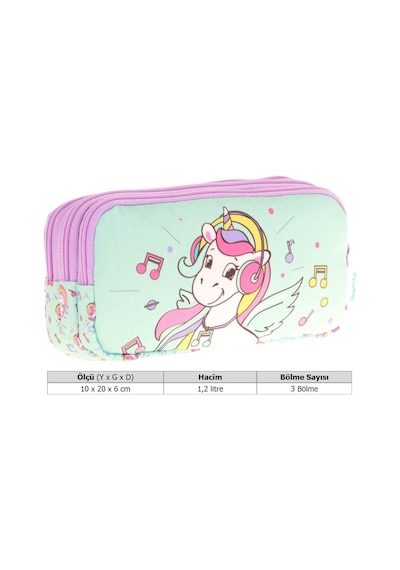 Kaukko Kids Üç Bölmeli Su Yeşili, Unicorn Temalı, Kız Çocuk Okul Kalemliği - L8234 Su Yeşili