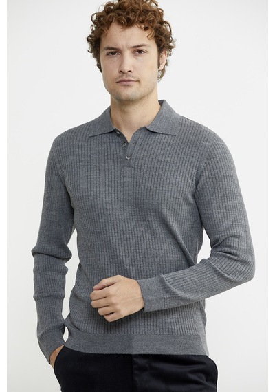 Sementa Polo Yaka Fitilli Triko Kazak - Füme 001