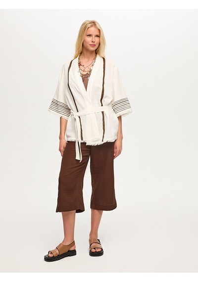 Faik Sönmez Resort Sırt Taş Ve Baskı Detaylı Müslin Kimono S26kmn006 Us26kmn00673 Ekru