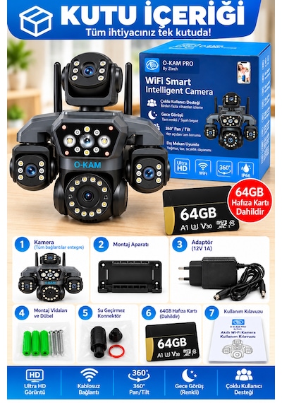 O-kam Ok-251 12mp 4 Kameralı Wifi Gece Görüş Çift Yönlü Ses Uzaktan İzleme Kişi Takibi Türkçe 64gb Akıllı Güvenlik Kamerası