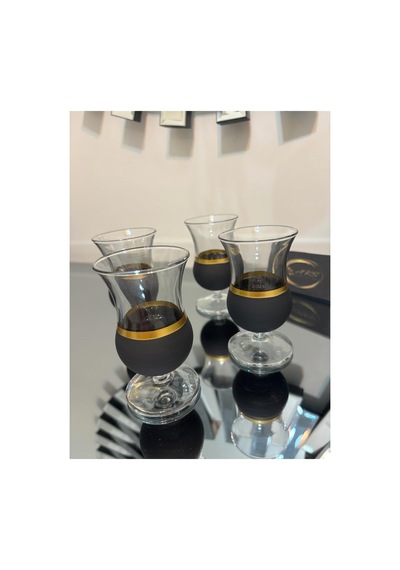 Gala 4'lü Kahve Yanı Su Bardağı, Çay Bardağı, Yaldızlı Black 4'lü Ayaklı Bardak Gold-yaldız-çok Renkli-siyah
