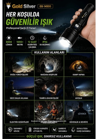 Şarjlı El Feneri 8000 Lümen Uzun Menzil Li-ion Bataryalı Su Geçirmez Taşıma Çantalı Profesyonel Led Çok Renkli