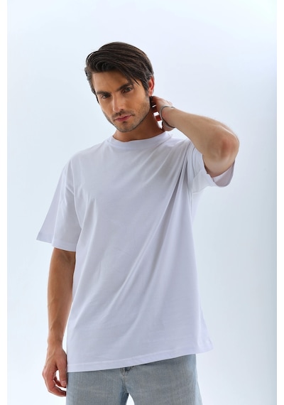 Unisex Oversize Düz Bisiklet Yaka T-shirt - Beyaz