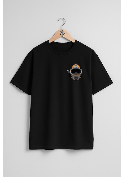 Oversize Dalgıç Başlığı - Diving Helmet Cep Ve Sırt Tasarımlı Unisex T-shirt Siyah