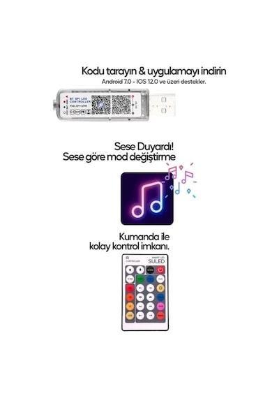 Tv Arkası 10 Metre Bluetooth Telefon Kontrollü Smart Şerit Led Sese Duyarlı Kumandalı Led Işık Çok Renkli