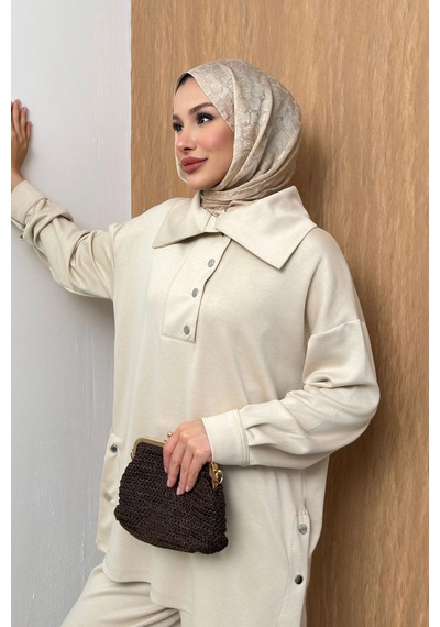 Mihran Butik Soho Elegance Yaka Detaylı Kadın Tesettür Alt Üst Takım Krem