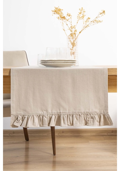 Rivaistanbul Ruffle Bej Fırfırlı %100 Pamuklu Ham Keten Runner 50x130 Cm Bej