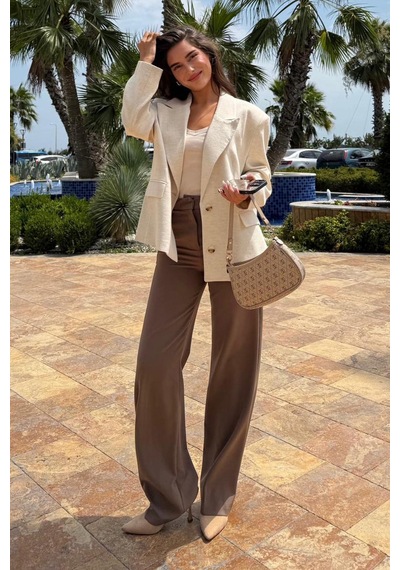 Bej Keten Blazer Kadın Ceket Mg2443 Bej