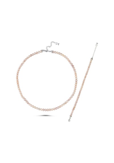 6,5 Mm Şeftali Tonu Doğal İnci Kolye Bileklik İkili Set Rose Gümüş