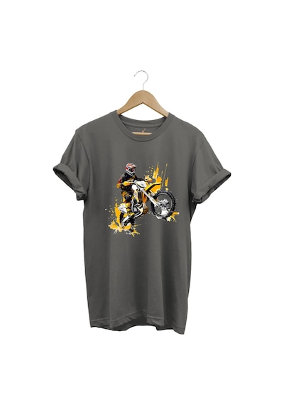 Motorcu Cross Motosiklet Baskılı Ön Kaldıran Motorcu %100 Pamuk Regular Fit Bisiklet Yaka T-shirt Gri