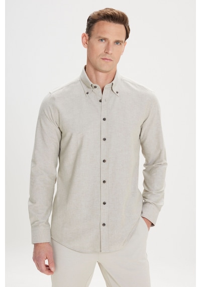 Erkek Hakı Slim Fit Dar Kesim Düğmeli Yaka Pamuklu Oxford Gömlek Haki