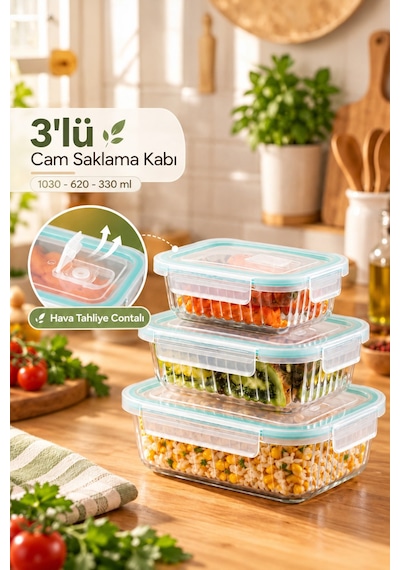 Porsima Sd-12-fgy Kilitli Sızdırmaz Kapaklı Hava Tahliye Contalı Çok Amaçlı 3 Lü Cam Erzak Yiyecek Saklama Kabı Seti - 1030-620-330ml Şeffaf