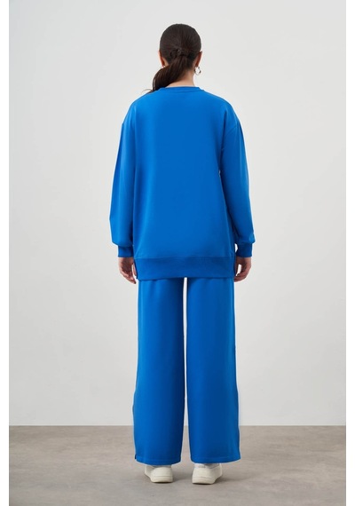 Yanları Çıtçıtlı Mavi Sweatshirt Mavi
