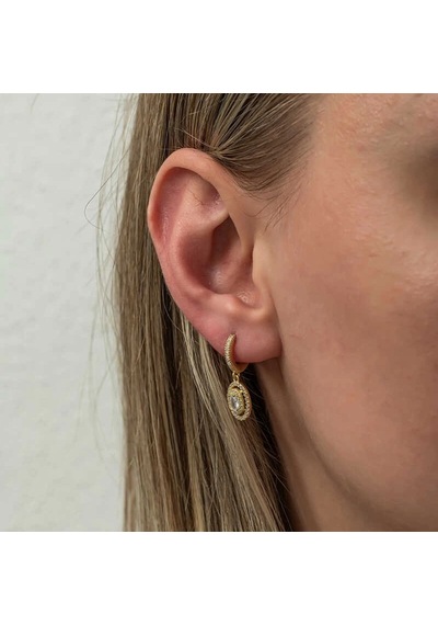 Gümüş Gold Oval Taşlı Sallantılı Küpe Çok Renkli