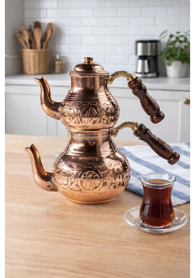 Dmt Copper Home Bakır Küçük Boy 3 Kişilik Çaydanlık El Yapımı Gaziantep Üretimi, Alt 900 Ml Üst 500 Ml Bakır