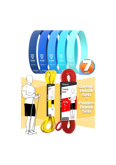 7li Mega Set 5+15 Kg + 5li Pilates Direnç Bandı Barfiks Lastiği Loop Band Mavi Ton Çok Renkli