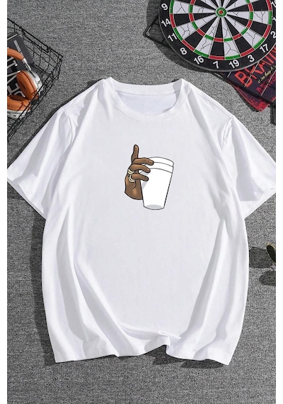 Unisex Tupac Coffee Baskılı Tasarım T-shirt Beyaz