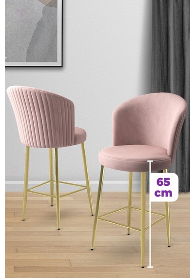 Canisa Alte Serisi 4 Adet Babyface Kumaş 65 Cm Gold Kaplama Ayaklı Pembe Bar Sandalyesi Pembe Sandalye Gold Kaplama Ayak