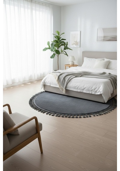 Comfort Yuvarlak Ponpon Saçaklı Peluş Halı Yatak Odası- Çocuk Odası- Antre- Yemek Odası Kaymaz Taban Antrasit