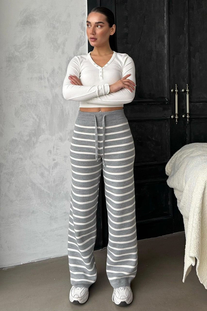 Gri Çizgili Kadın Triko Pantolon Mg2342 Gri