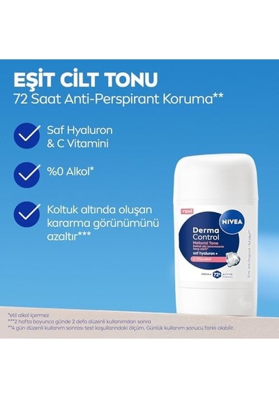 Kadın Stick Deodorant Derma Control Natural Tone 50 Ml, Koltuk Altı Kararmasına Karşı Etkili, Eşit Cilt Tonu, 72 Saat Anti Perspirant Koruma, C Vitamini, Hyaluronik Asit, Alkol İçermez