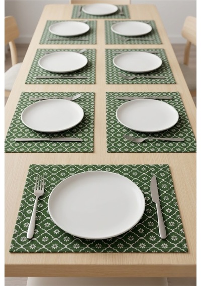 Yeşil Çiçekli Amerikan Servis 6'lı Set Leke Tutmaz Dikdörtgen Kumaş Supla Tabak Altlığı 35x45