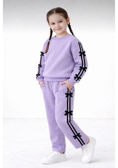 Beka Kids Kız Çocuk Şeritli Ve Kurdele Detaylı Pantolonu Cepli Rahat Eşofman Takımı Mor Beka Kids Kız Çocuk Şeritli Ve Kurdele Detaylı Pantolonu Cepli Rahat Eşofman Takımı Mor