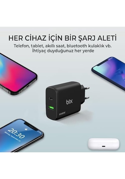 Bx2p65g Gan Pd 65w Type-c Ve Usb-a Qc 18w Çift Portlu Akım Korumalı Hızlı Şarj Cihazı Siyah
