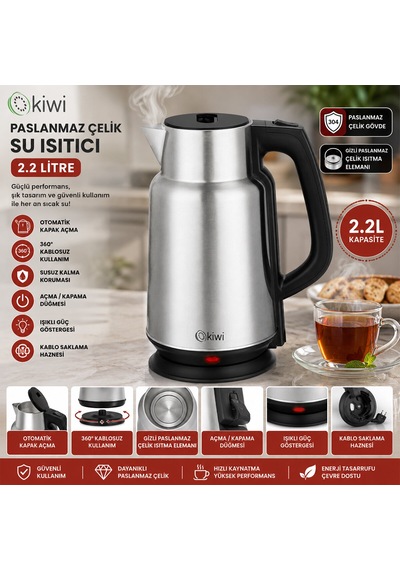 Çelik - Sürahi Model Kettle Elektrikli Su Isıtıcısı Paslanmaz Çelik Gizli Rezistans 360 2.2lt 1500w