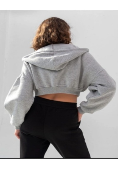 Kadın Kapüşonlu V Yaka Crop Kalın İçi Polarlı Örme Sweatshirt Gri