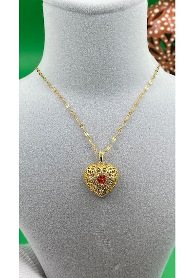 Gold Renk Yakut Kırmızısı Zirkon Taşlı Kalpli Kadın Çelik Kolye Altın