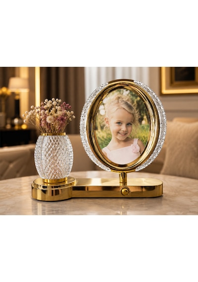Kişiye Özel Fotoğraflı Kristal Oval Çerçeveli Led Masa Lambası-dekoratif Abajurlu Hediye Gold