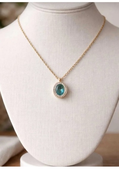 Lunarie 14k Gold Çelik Oval Halo Taşlı Kolye Küpe Takı Seti Altın