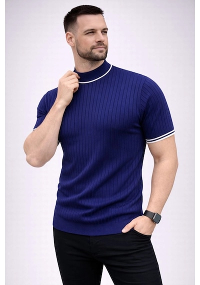 Erkek Fitilli Triko Dokuma Kısa Kol Tişört Yarım Boğaz Modern Yazlık T-shirt - Lacivert