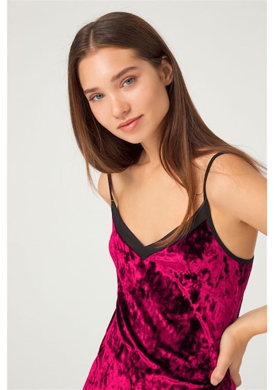 Cottonhill Vişne Tül Detaylı Kadife Kadın Babydoll Gecelik Vişne