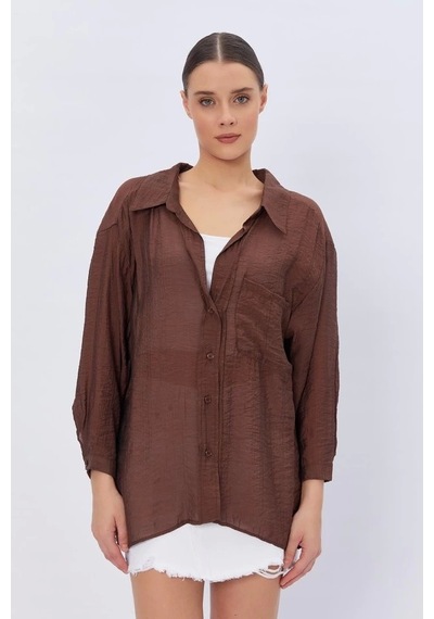 Defymoda Cepli Oversize Gömlek - Kahve Kahve
