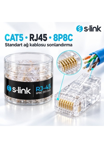 S-link Slx-990 Cat5 Rj45 Konnektör 25'li Paket, 8p8c Ethernet Ağ Kablosu Ucu, Şeffaf Modüler Jack, Krimp Pense İle Takılabilir Network Fişi
