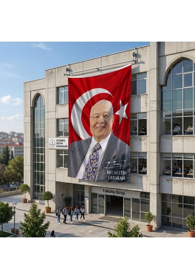Türk Bayrağı Önünde Necmettin Erbakan Ve İmzası 140gr Premium Raşel Kumaş Bayrak 6x9 Metre Diğer